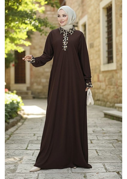 Leopar Desenli Elbise 0119-04 Kahverengi modelleri