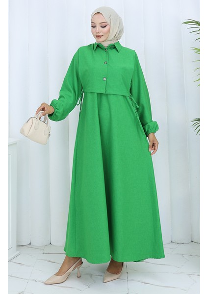 Keten Yelek Elbise Ikili Takım 2141-09 Zümrüt Yeşili