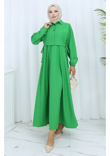 Keten Yelek Elbise Ikili Takım 2141-09 Zümrüt Yeşili fiyatları