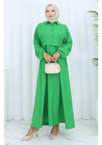 Keten Yelek Elbise Ikili Takım 2141-09 Zümrüt Yeşili modelleri