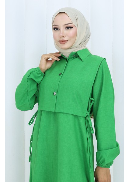 Keten Yelek Elbise Ikili Takım 2141-09 Zümrüt Yeşili fırsatları