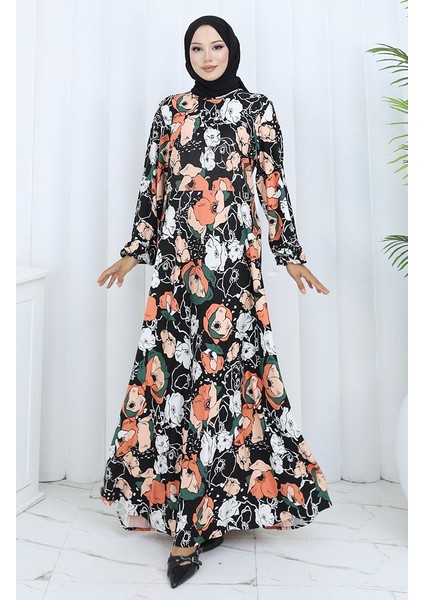 Desenli Penye Elbise 2135B-03 Siyah Kiremit