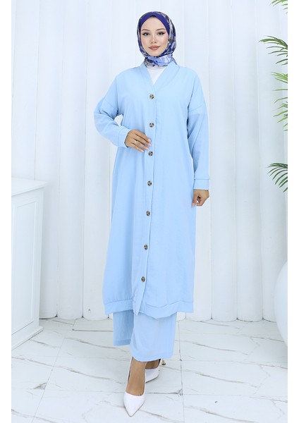 Boydan Düğmeli Hırka Pantolon Ikili Takım 0138-02 Mavi