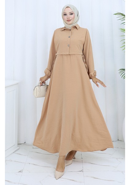 Aerobin Kumaş Yelek Elbise Ikili Takım 2142-01 Bej