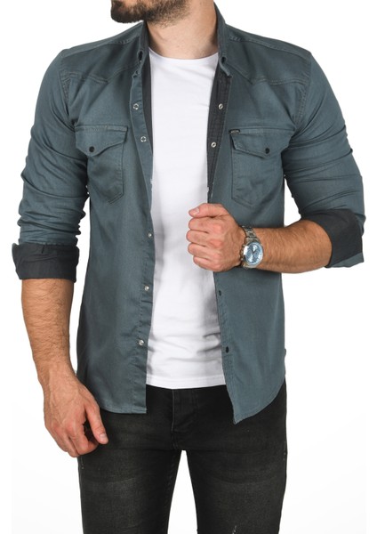Slim Fit Pamuklu Cepli Kot Gömlek Çıtçıtlı Uzun Kollu Spor Gömlek 2502503