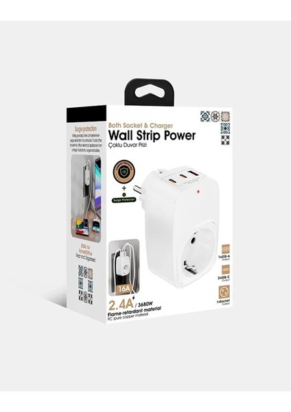 Tekli Yüksek Voltaj Korumalı Duvar Prizi 2x Type-C 1x USB Çıkışlı Priz Grup Priz Çoğaltıcı Beyaz fırsatları