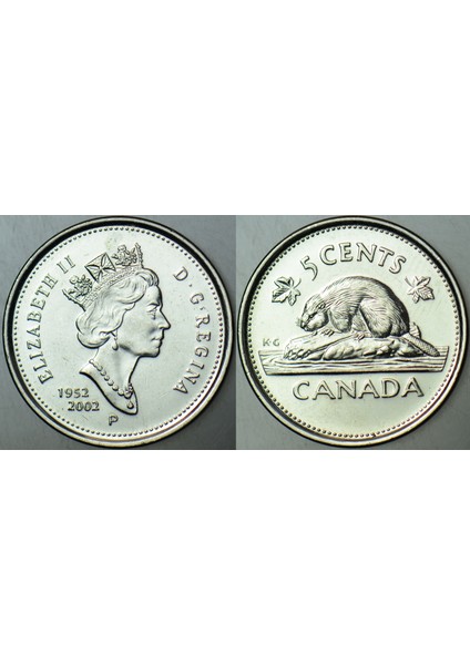 Kanada 5 Cent 2002 Sirkülasyon Hatıra. Kraliçe Iı. Elizabeth Tahtta 50. Yıl. Altın Jübile. 21,2 mm