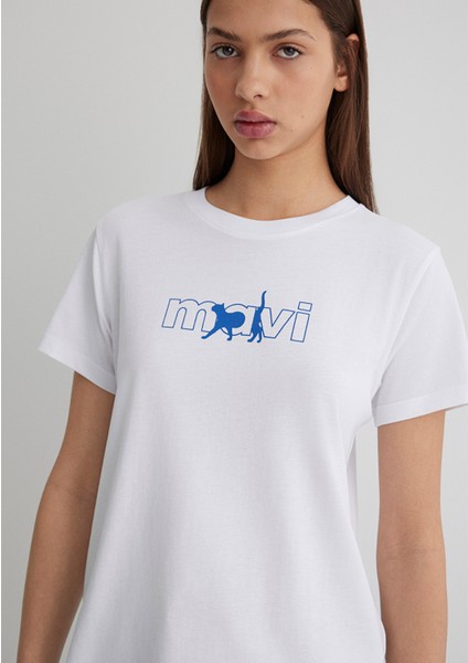 Mavi Kedi Logo Baskılı Beyaz Tişört 1611478-620