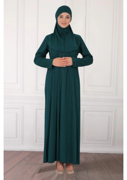 Fermuarlı Tek Parça Kaymaz Başörtülü Pratik Namaz Elbisesi