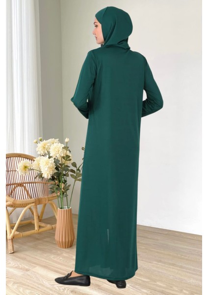 Fermuarlı Tek Parça Kaymaz Başörtülü Pratik Namaz Elbisesi