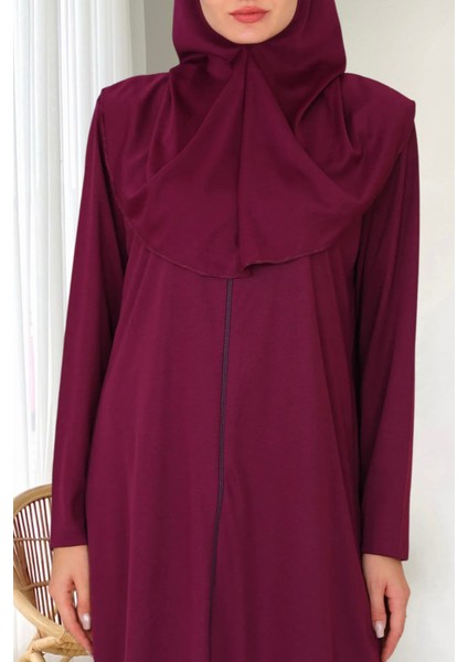 Fermuarlı Tek Parça Kaymaz Başörtülü Pratik Namaz Elbisesi