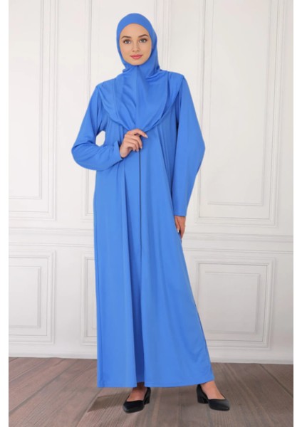 Fermuarlı Tek Parça Kaymaz Başörtülü Pratik Namaz Elbisesi