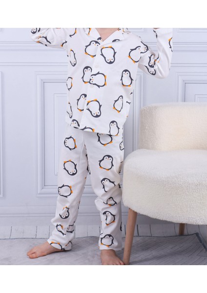 Penguan Desen Erkek Çocuk Düğmeli Pijama Takımı
