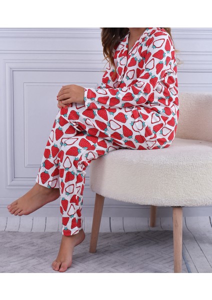 Çilek Desen Kız Çocuk Düğmeli Pijama Takımı modelleri