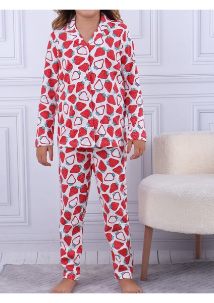 Çilek Desen Kız Çocuk Düğmeli Pijama Takımı
