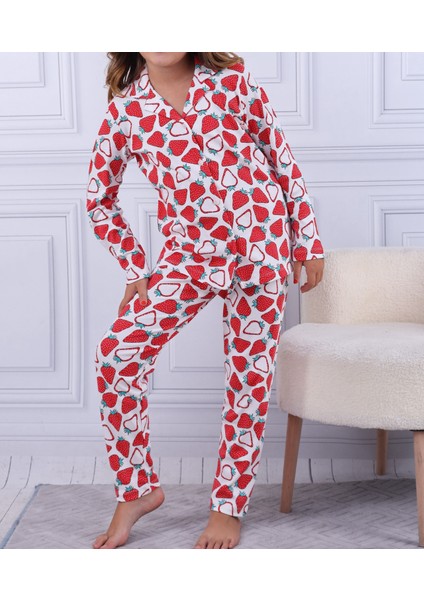 Çilek Desen Kız Çocuk Düğmeli Pijama Takımı