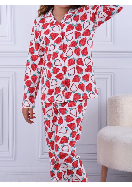 Çilek Desen Kız Çocuk Düğmeli Pijama Takımı