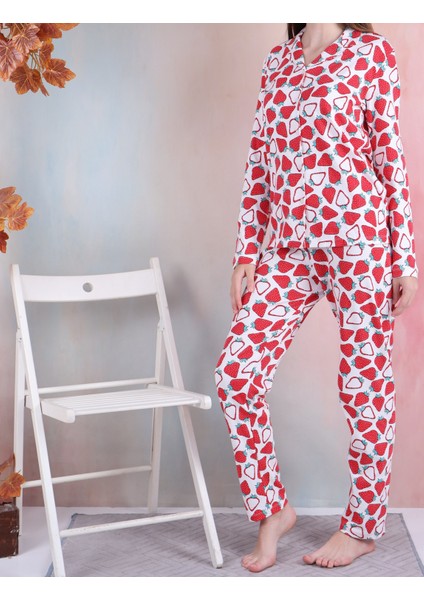 Çilek Desen Kız Garson Düğmeli Pijama Takımı modelleri