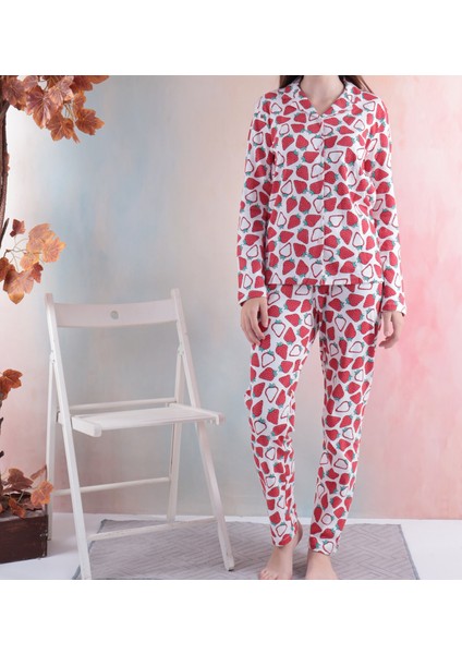 Çilek Desen Kız Garson Düğmeli Pijama Takımı