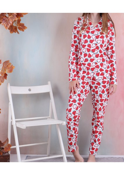 Çilek Desen Kız Garson Düğmeli Pijama Takımı
