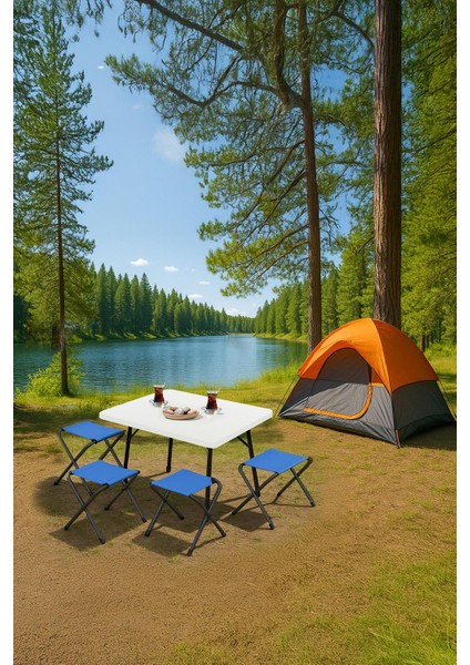 45X60 cm Kamp Sehpası + 4 Adet Mavi Tabure Piknik, Bahçe Balkon Sehpası Katlanır Sehpa-B-4m