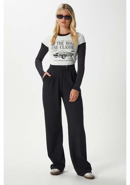 Likra Serisi Move Çift Düğmeli Esnek Siyah Palazzo Pantolon