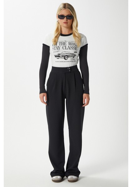 Likra Serisi Move Çift Düğmeli Esnek Siyah Palazzo Pantolon fiyatları