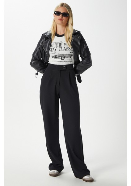 Likra Serisi Move Çift Düğmeli Esnek Siyah Palazzo Pantolon fırsatları