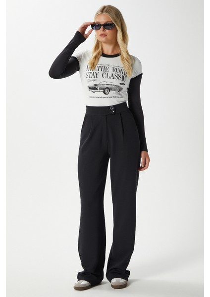 Likra Serisi Move Çift Düğmeli Esnek Siyah Palazzo Pantolon indirimleri