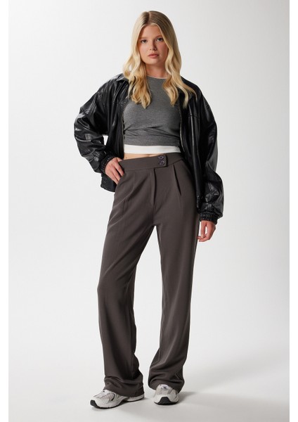 Likra Serisi Move Çift Düğmeli Esnek Antrasit Palazzo Pantolon