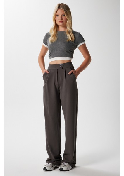 Likra Serisi Move Çift Düğmeli Esnek Antrasit Palazzo Pantolon modelleri