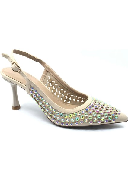 Feles Arkası Açık Zümrüt Taş Detaylı Stiletto Kadın Ayakkabı