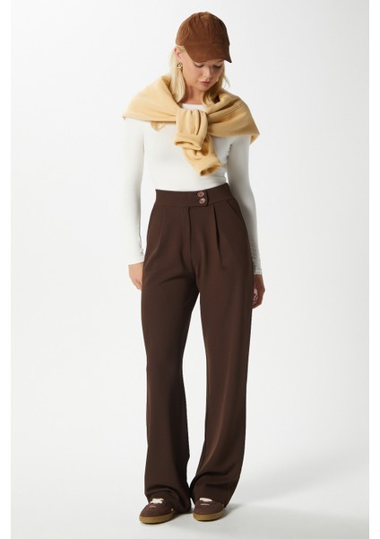 Likra Serisi Move Çift Düğmeli Esnek Kahverengi Palazzo Pantolon fiyatları