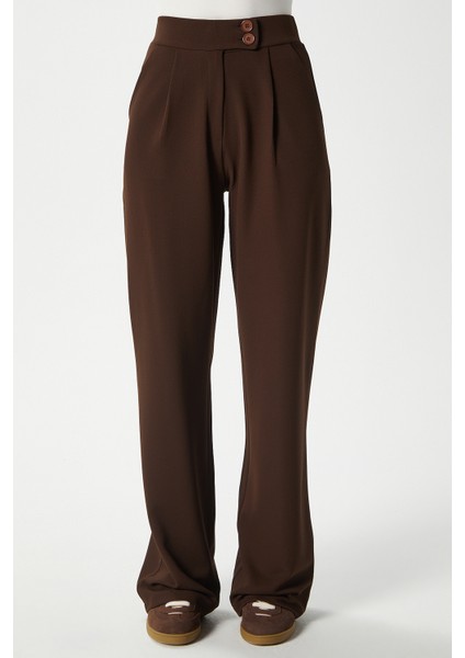 Likra Serisi Move Çift Düğmeli Esnek Kahverengi Palazzo Pantolon fırsatları