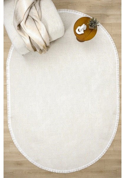 Beyaz Oval Dokuma Halı Salon Oturma Odası Yatak Odası Koridor Yolluk Halısı Beyaz Oval