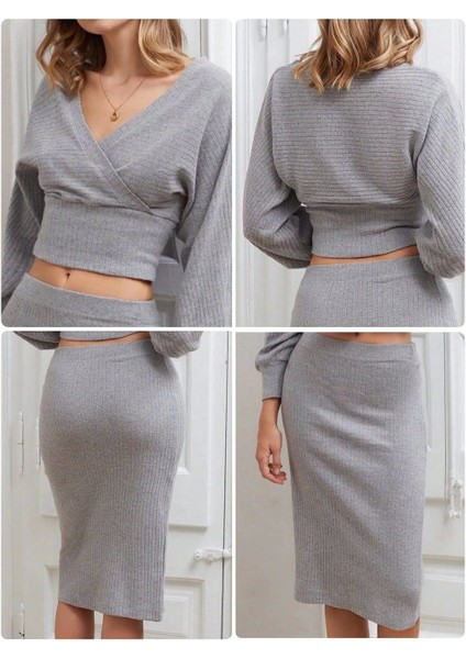 Kruvaze Şardonlu Etekli Takım Gri indirimleri