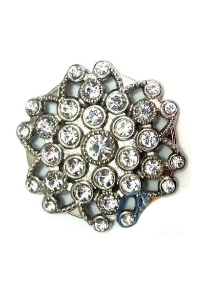 Taşlı Yuvarlak Broş, Sandık Süsü 4,5 cm - Nikel, 1 Adet