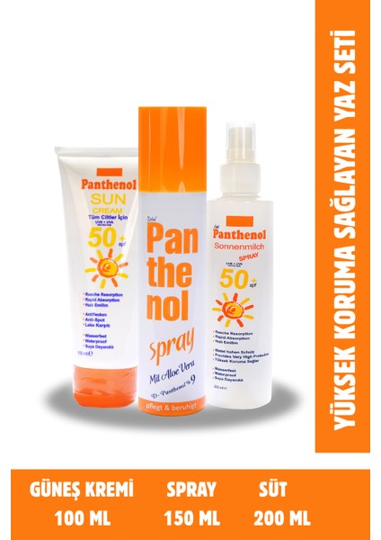 Güneş Kremi 100 ml Spf 50 Güneş Sütü 200 ml Spf 50 Panthenol Spray 200 ml Üstün Koruma Sağlayan Vücut Bakım Seti