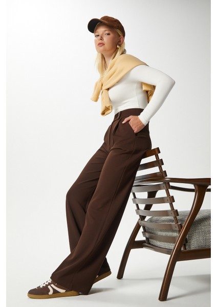 Likra Serisi Move Çift Düğmeli Esnek Kahverengi Palazzo Pantolon