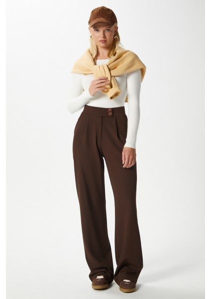 Likra Serisi Move Çift Düğmeli Esnek Kahverengi Palazzo Pantolon modelleri