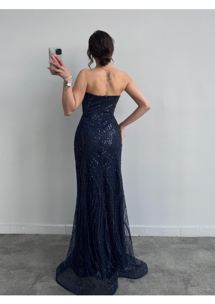 Lacivert Boncuk Işlemeli Payetli Straplez Abiye fiyatları