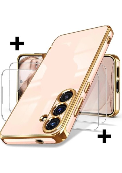 Samsung Galaxy S24 Fe Kılıf Yumuşak Renkli Kenarlar Altın Sarı Yaldızlı + 9h Ekran Koruyucu Kırılmaz