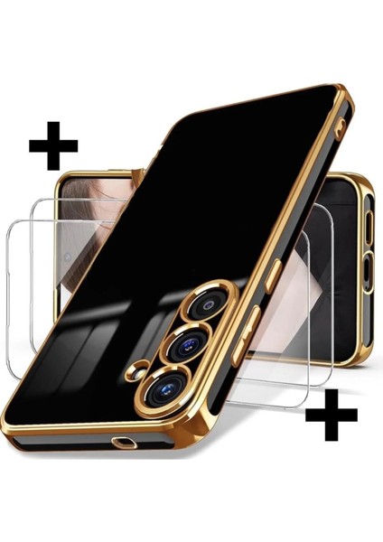 Samsung Galaxy S24 Fe Kılıf Yumuşak Renkli Kenarlar Altın Sarı Yaldızlı + 9h Ekran Koruyucu Kırılmaz