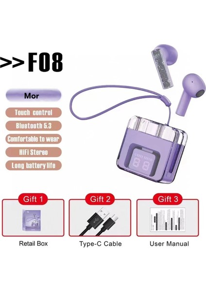 F08 Dijital Şarj Göstergeli Tws Bluetooth Kulaklık - MOR-(5796) - CHT7665-8829