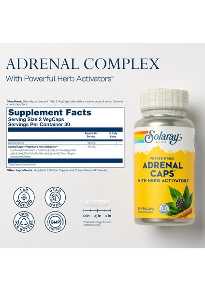 Freeze-Dried Adrenal Caps With Herb Activators Eleuthero Licorice Gotu Kola Clove Syzygium Aromatic Meyan Kökü