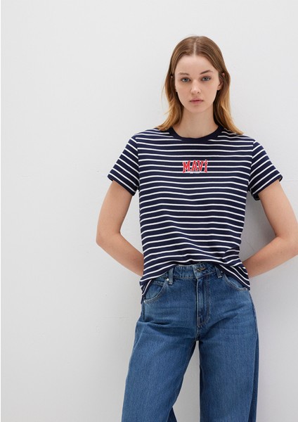 Mavi Logo Baskılı Çizgili Lacivert Tişört 1613562-88030