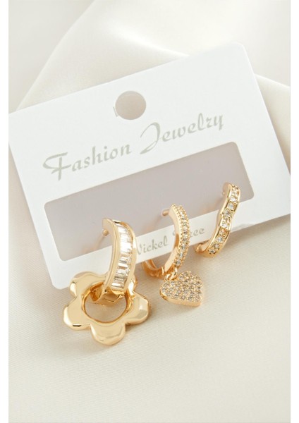 3 Adet Çiçek Zirkon Taşlı Küpe modelleri