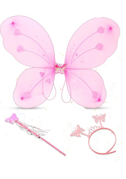 Pembe Kelebek Kız Seti – 50 cm Kelebek Kanadı, Taç ve Asa