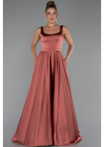 Kolsuz Uzun Saten Abiye Elbise ABU5136