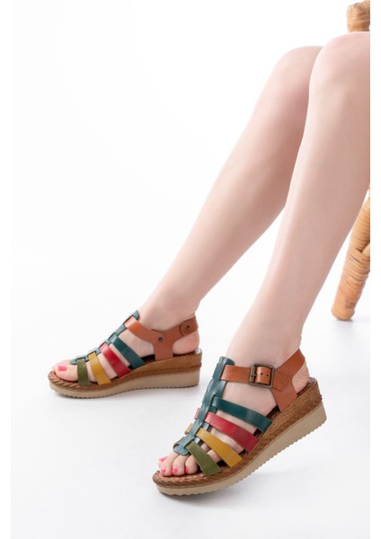 731-204 Multi Hakiki Deri Dolgu Topuklu Günlük Kadın Sandalet fiyatları